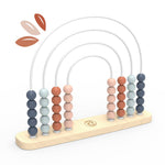 Colorful abacus toy with wooden base and gradient beads on a white background