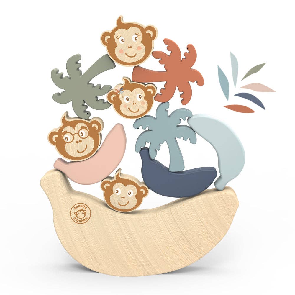 Wooden toy with monkeys and banana on a white background