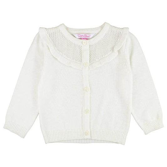 White cardigan with button details on a white background