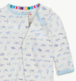 Baby onesie with airplane pattern on a white background
