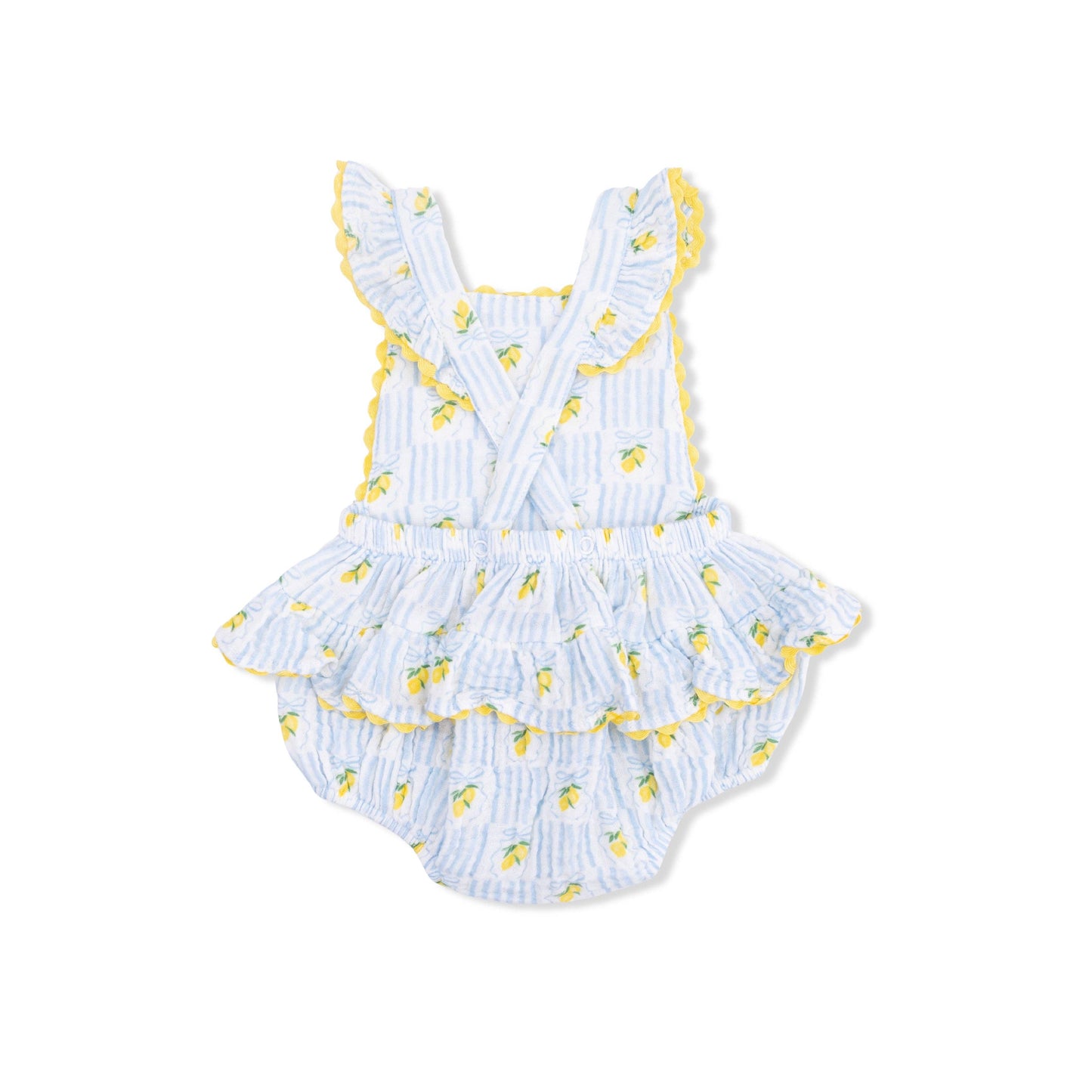 back of baby romper with yellow lemon pattern on a white background