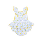 back of baby romper with yellow lemon pattern on a white background