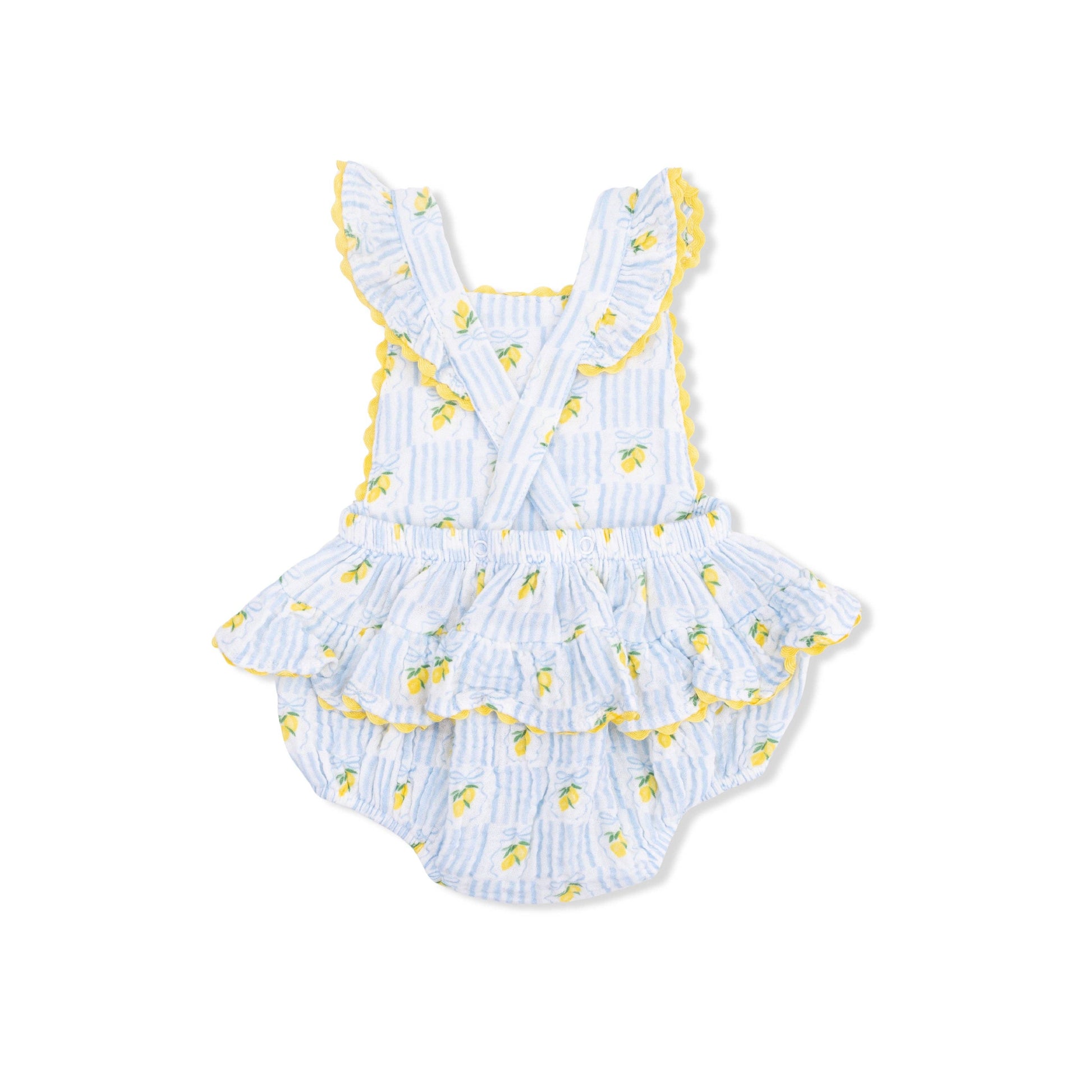 back of baby romper with yellow lemon pattern on a white background