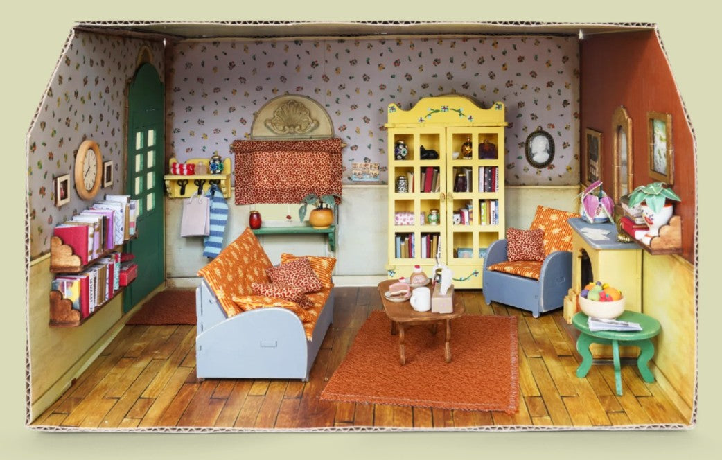 Miniature Sam & Julia mouse living room with furniture and decor.