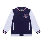 A toddler varsity jacket in blue and white colors with a collar, buttons, and a design on the chest.