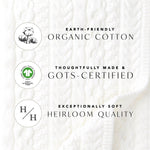 Text and logos about organic cotton with a white fabric background