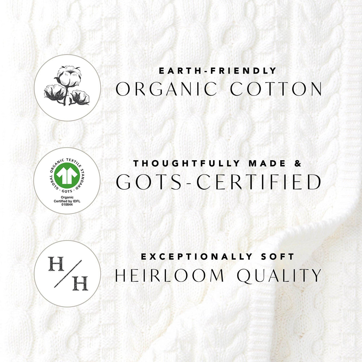 Text and logos about organic cotton with a white fabric background