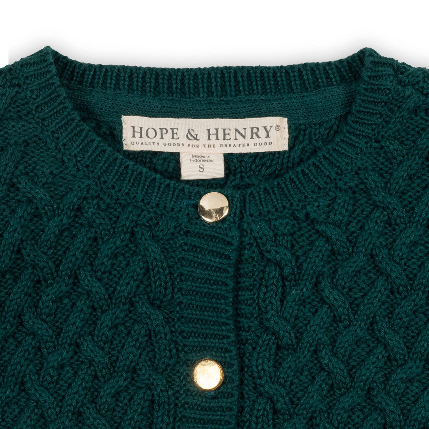 Green knitted cardigan with 'Hope & Henry' label on a white background