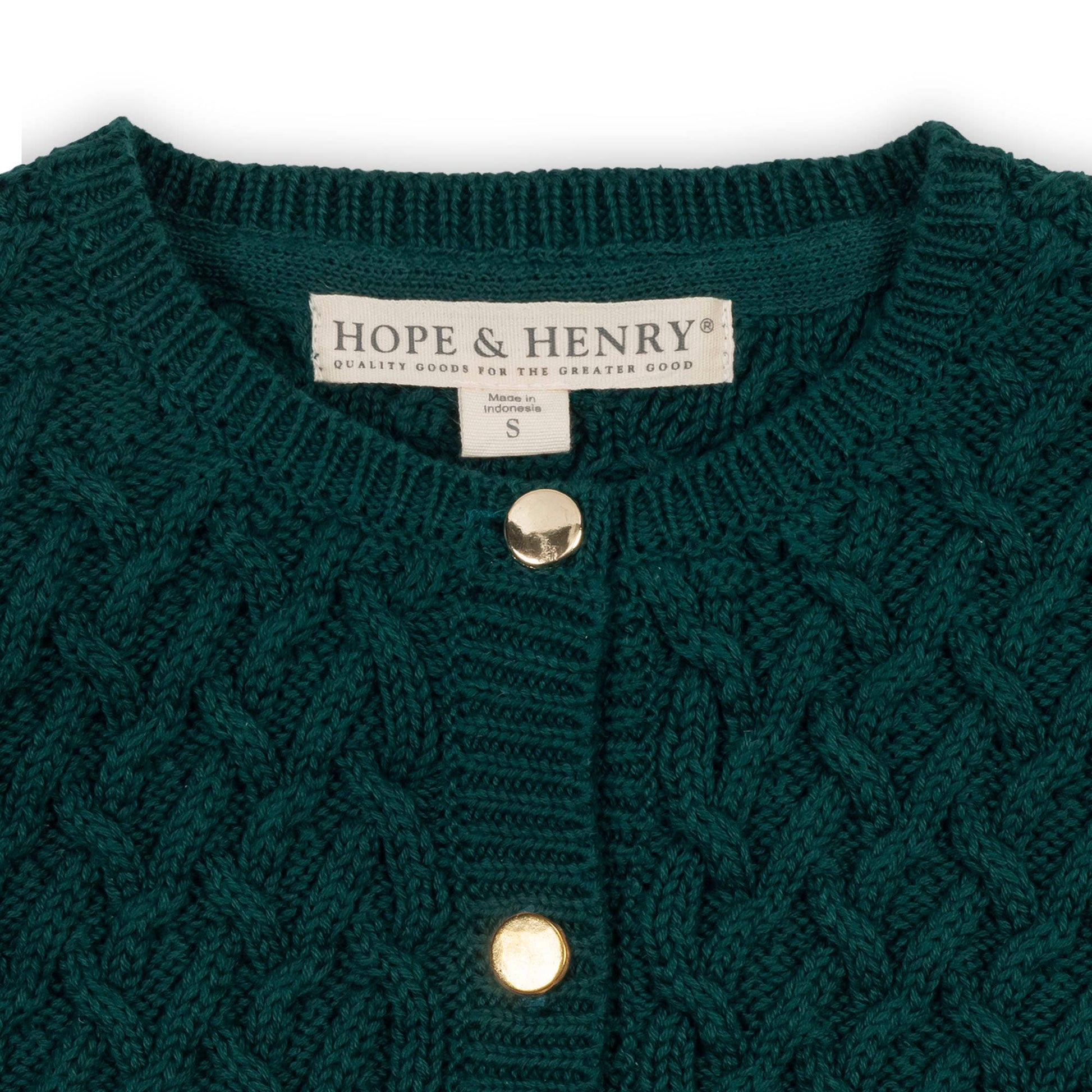 Green knitted cardigan with 'Hope & Henry' label on a white background