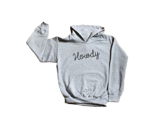 Gray hoodie with 'Howdy' text on a white background