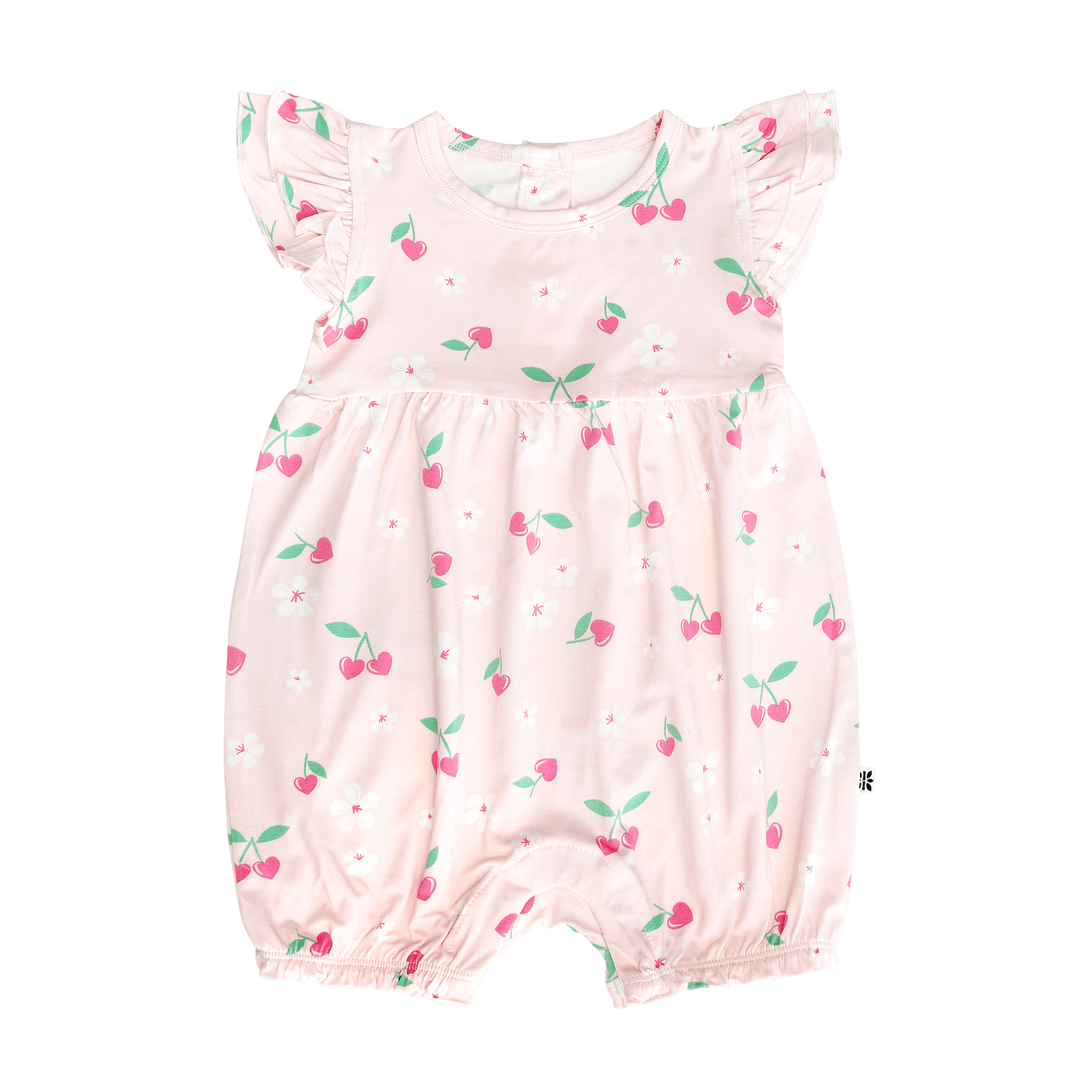 Pink baby romper with cherry pattern on a white background