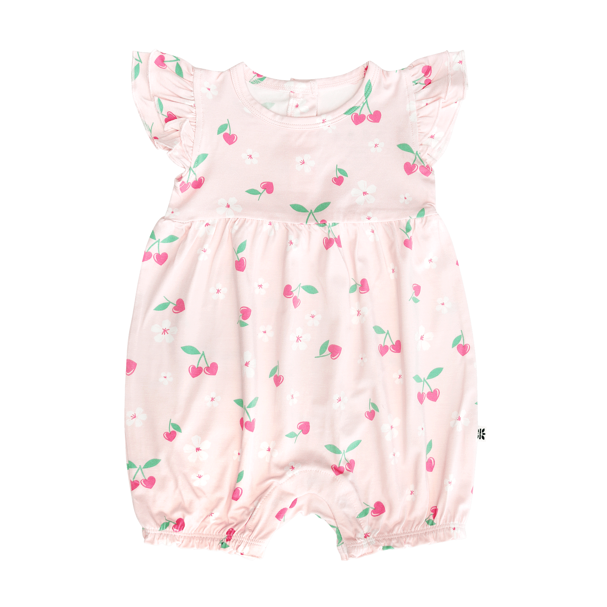 Pink baby romper with cherry pattern on a white background
