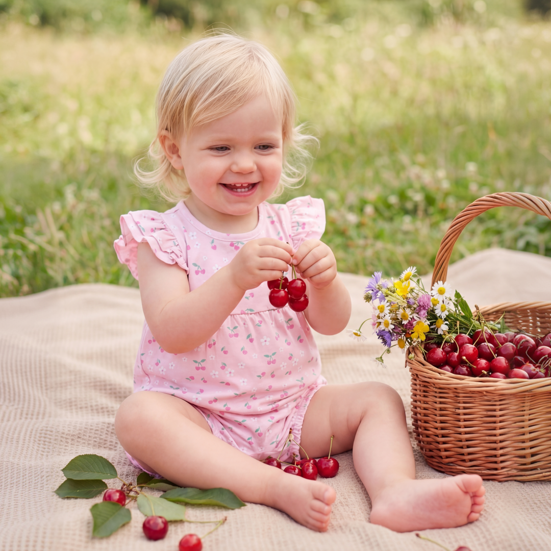 Child in a pink romper sitting on a blanket with cherries and a basket in a field