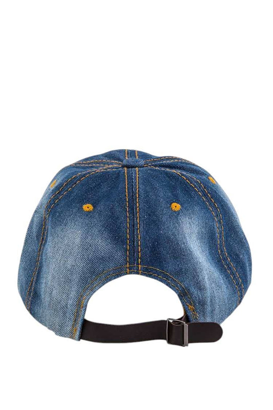 Blue denim cap with a black strap on a white background