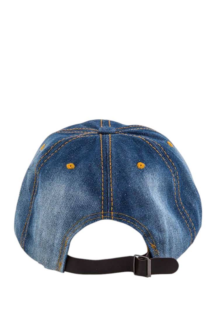 Blue denim cap with a black strap on a white background