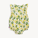 back of Baby romper with lemon and leaf pattern on a white background