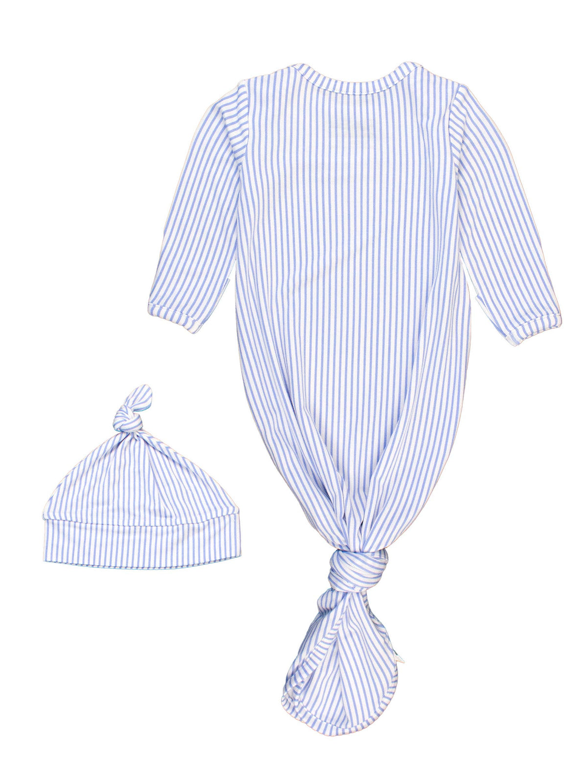 back of Blue and white striped baby gown and hat set on a white background