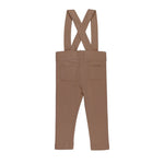 back of Brown pants with suspenders on a white background