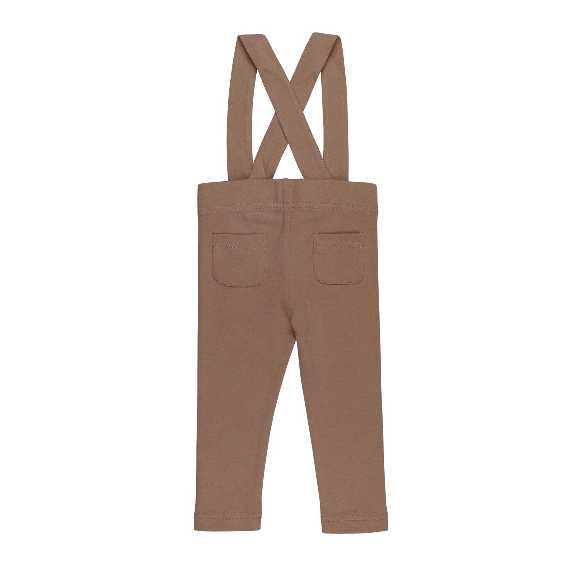 back of Brown pants with suspenders on a white background