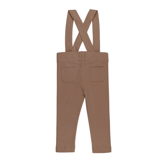 back of Brown pants with suspenders on a white background