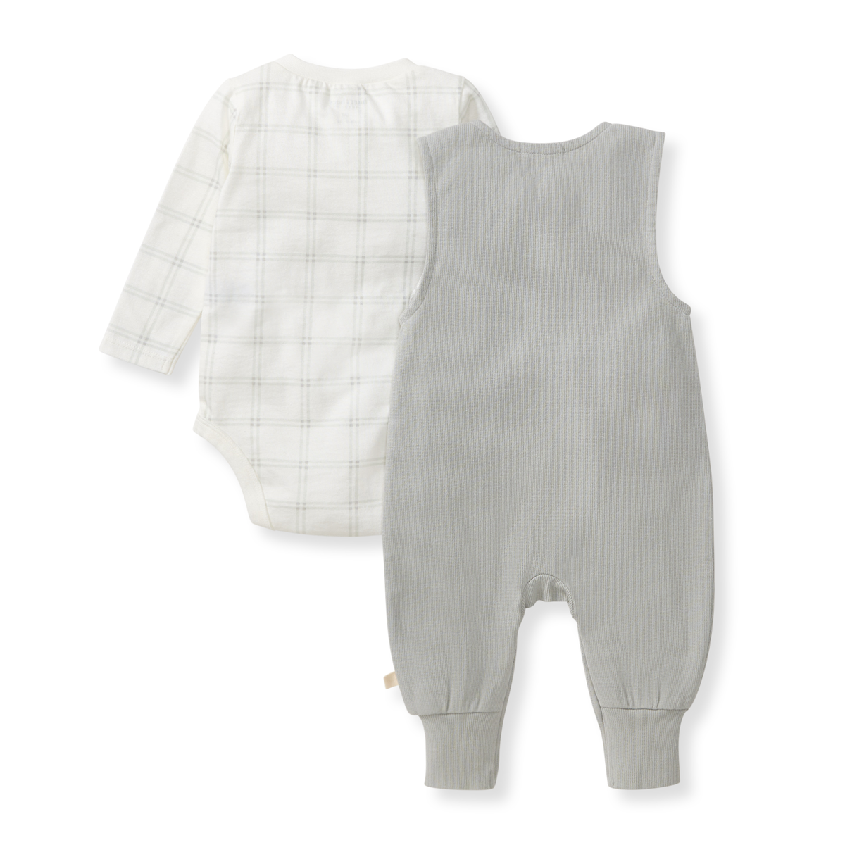 back of Gray baby romper with white romper on a white background