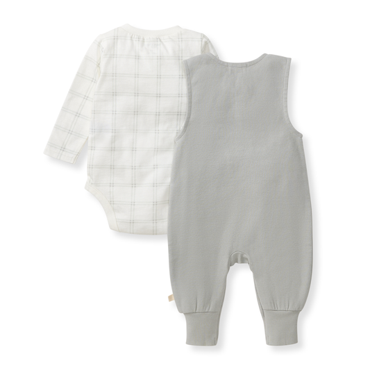 back of Gray baby romper with white romper on a white background