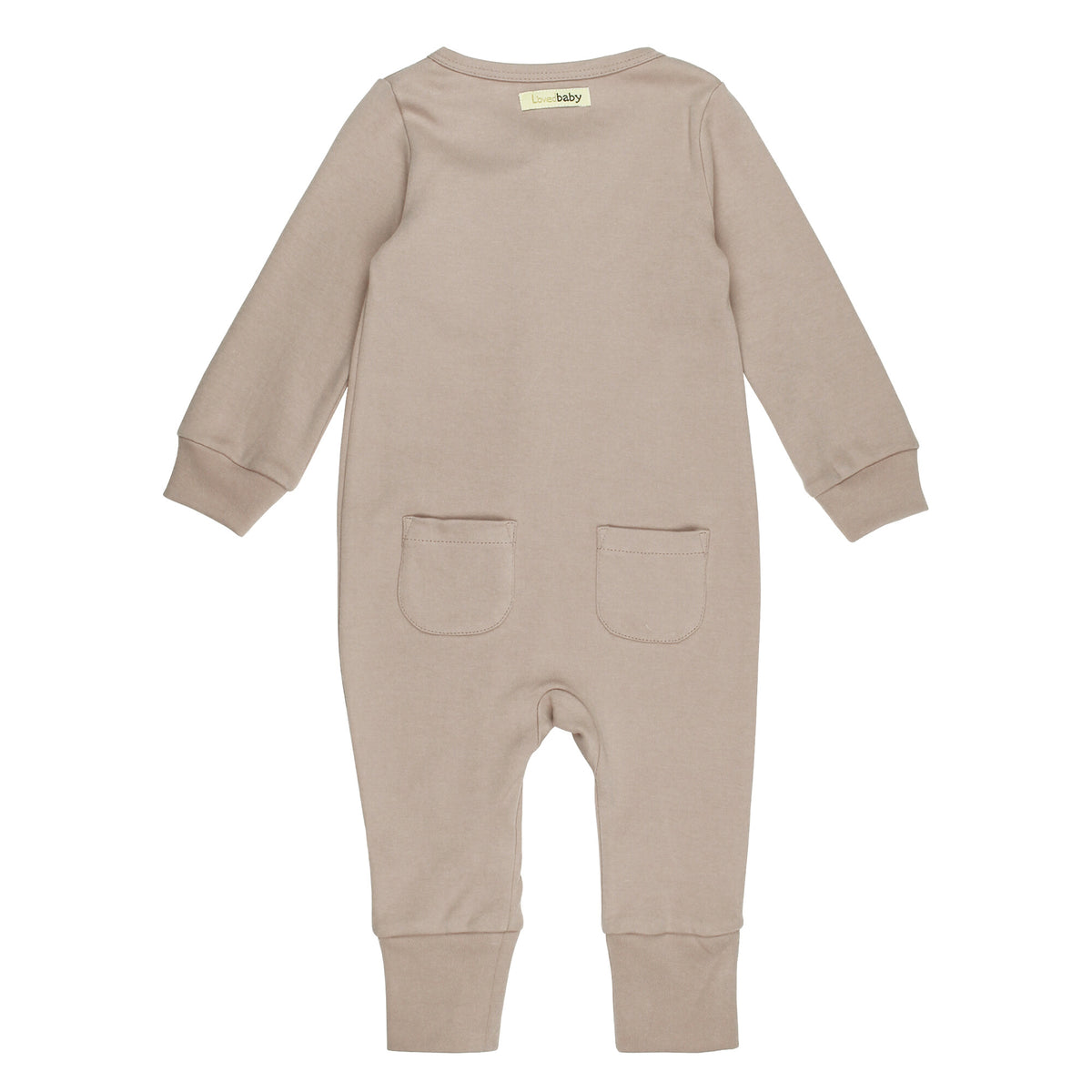 Beige baby onesie with two front pockets on a white background