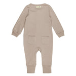 Beige baby onesie with two front pockets on a white background