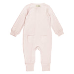 Pink baby onesie with a pocket on a white background