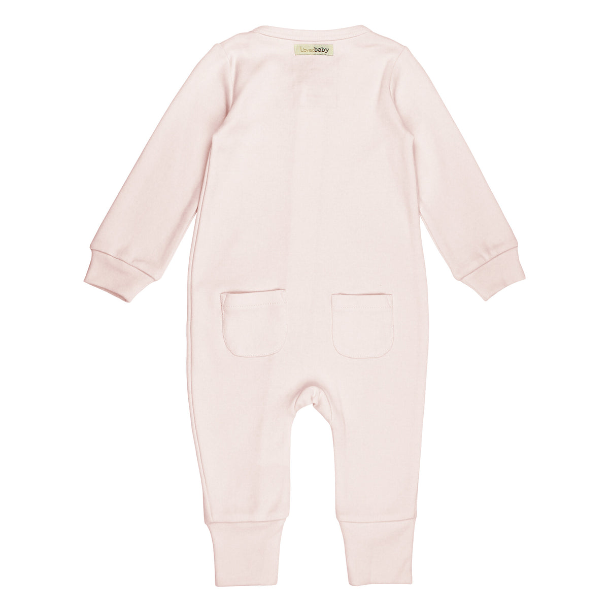 Pink baby onesie with a pocket on a white background