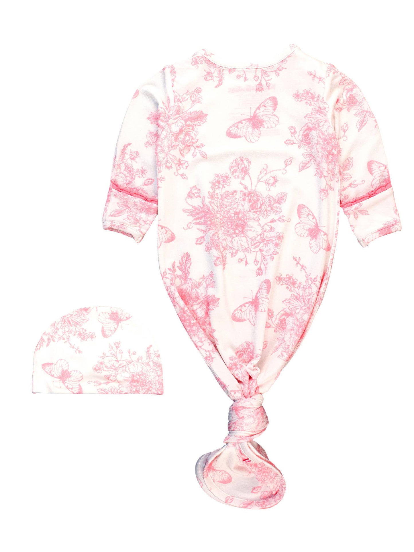 back of Pink and white toile baby outfit with matching hat on a white background