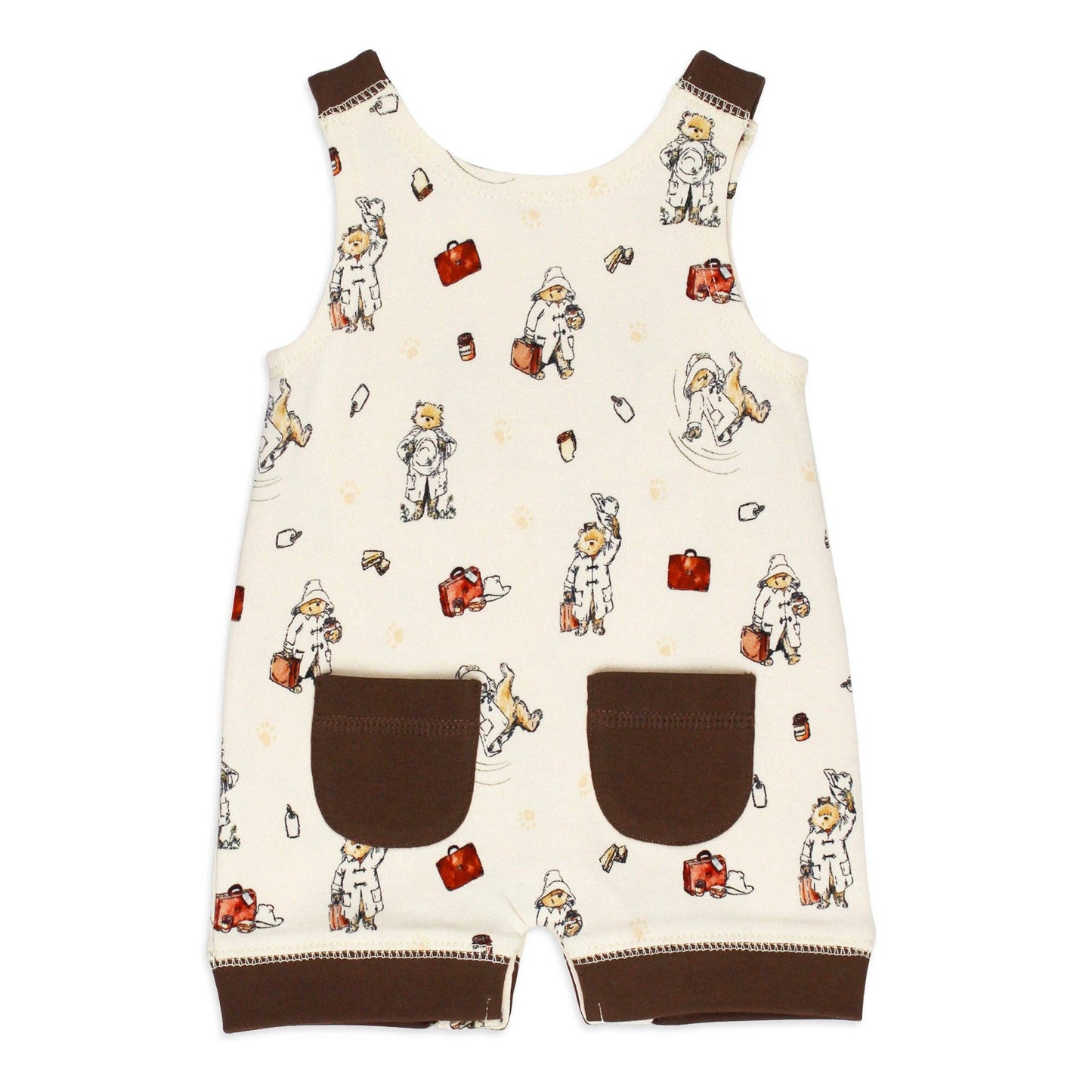 back of baby overalls with Paddington bear pattern on a white background