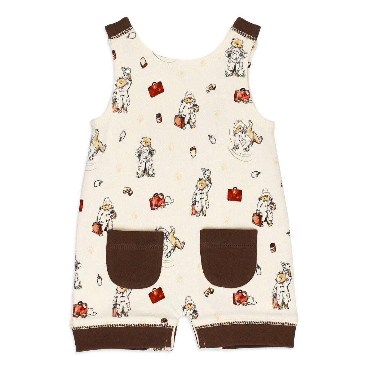back of baby overalls with Paddington bear pattern on a white background