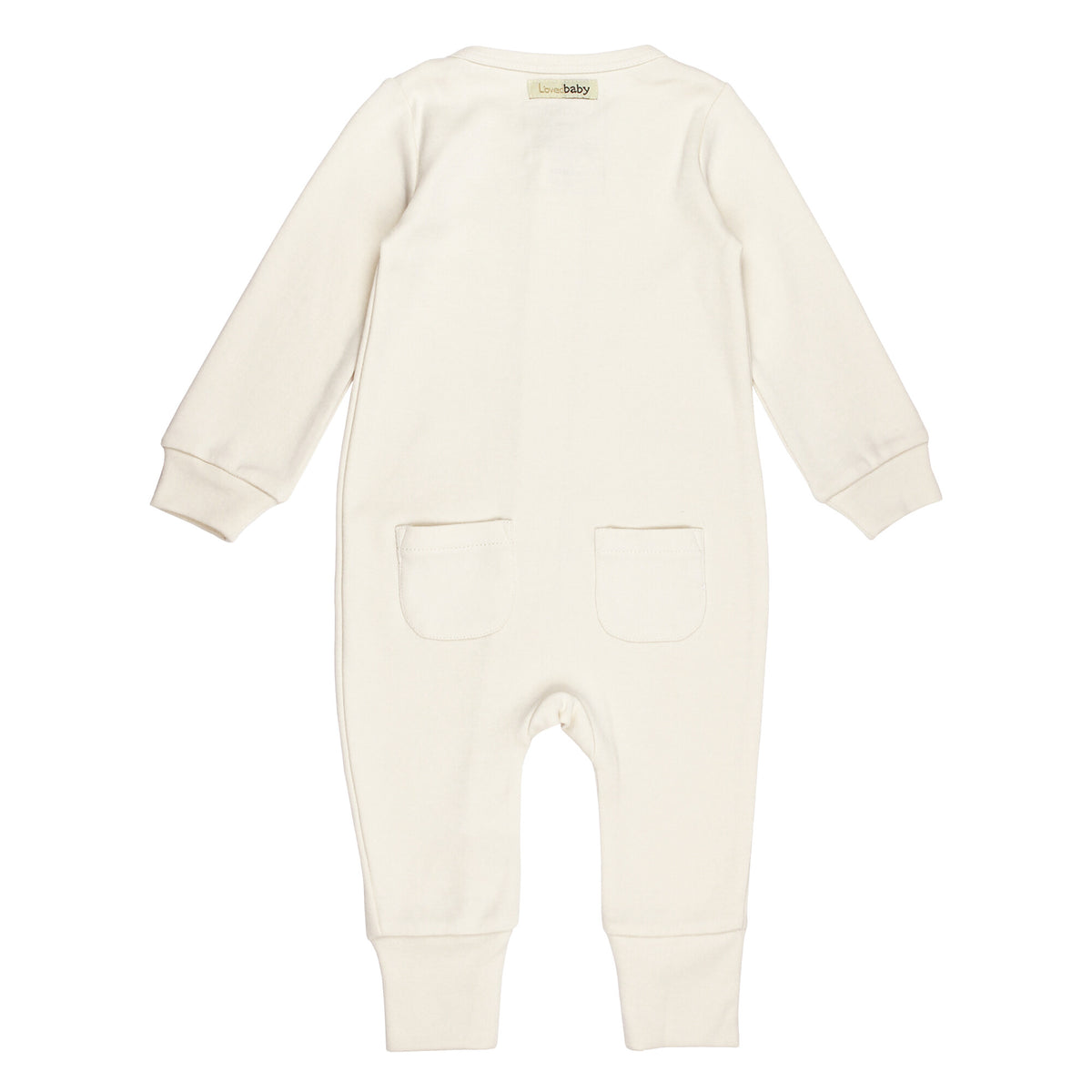 back of cream baby footless romper on a white background