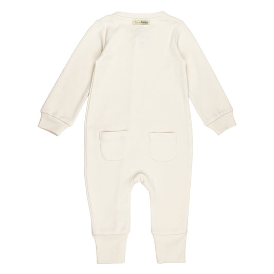 back of cream baby footless romper on a white background