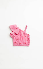 Back of girls Pink crop top with ruffled details on a white background