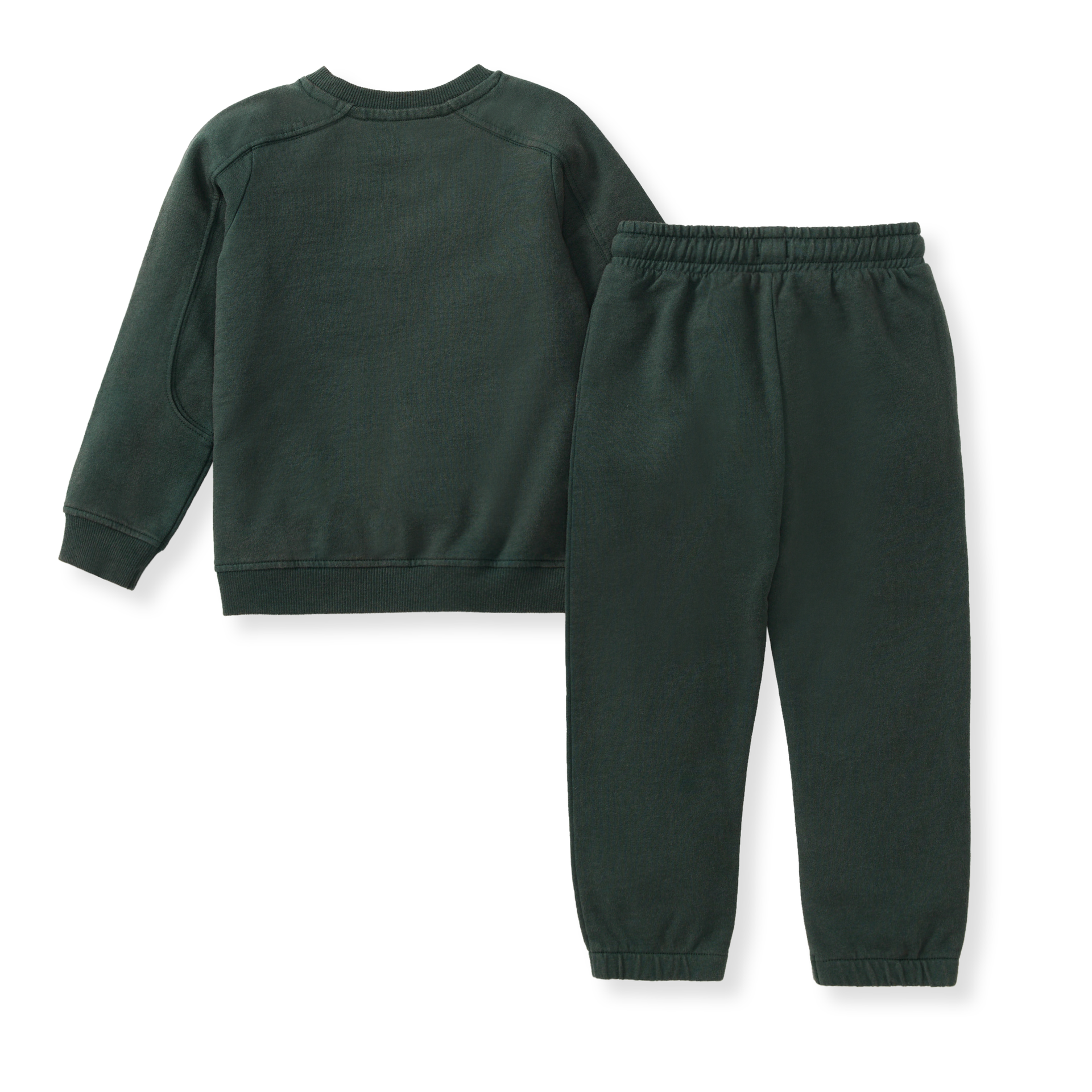 back of Green sweatshirt and pants set on a white background
