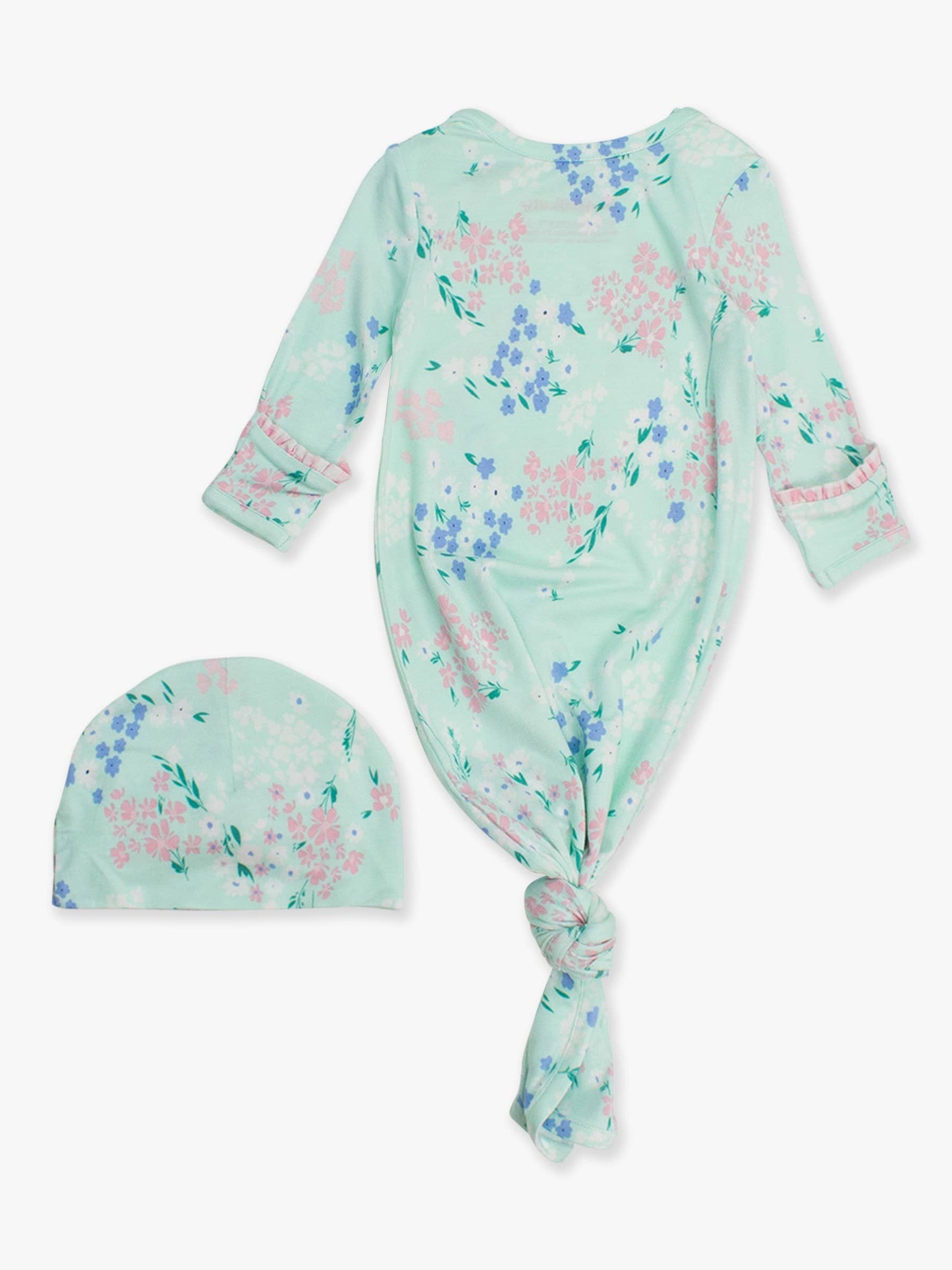back of Mint green baby knotted gown and hat set with floral pattern on a white background