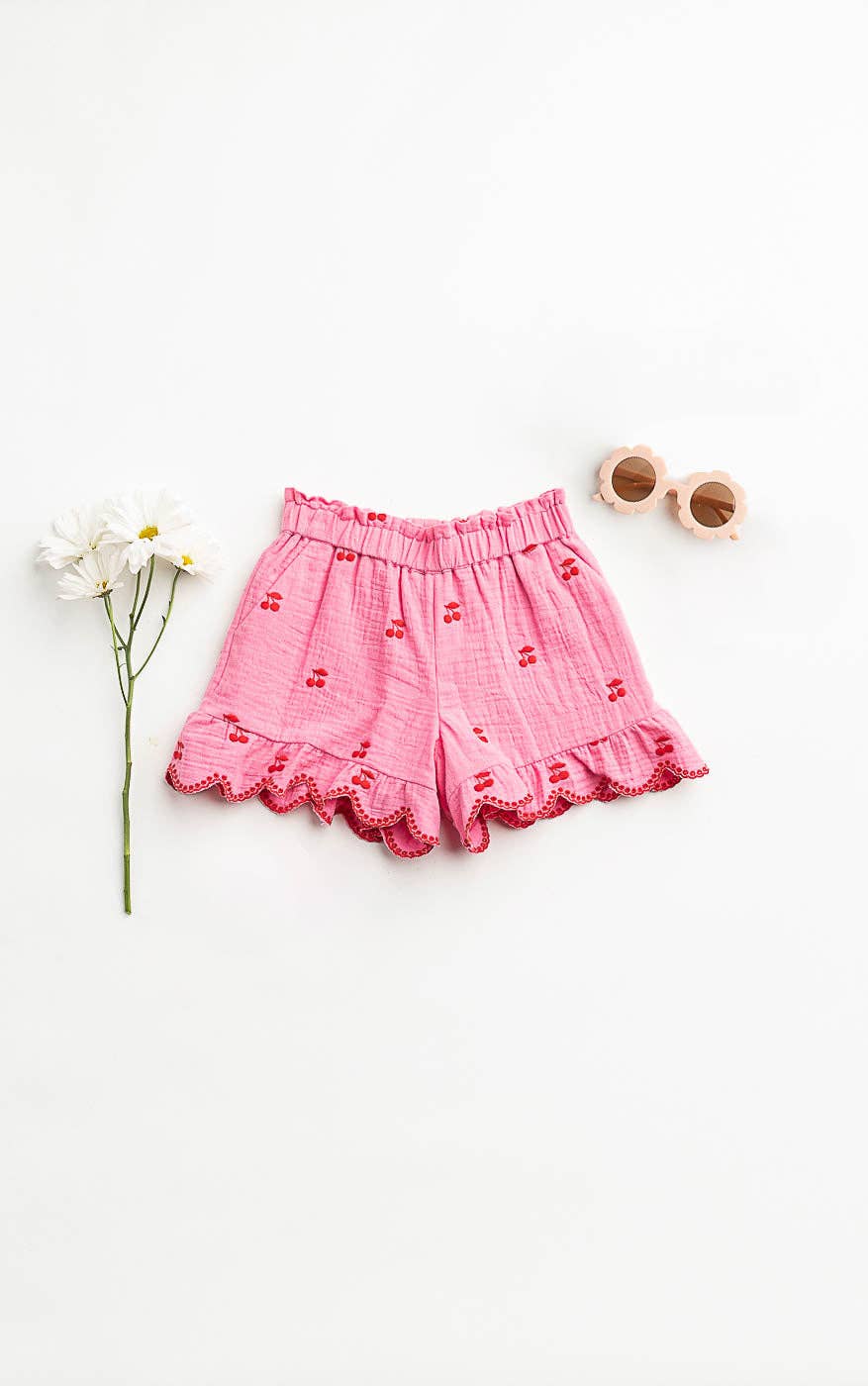 back of girls Pink shorts with ruffles on a white background