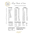 Size chart and care instructions for clothing and accessories.