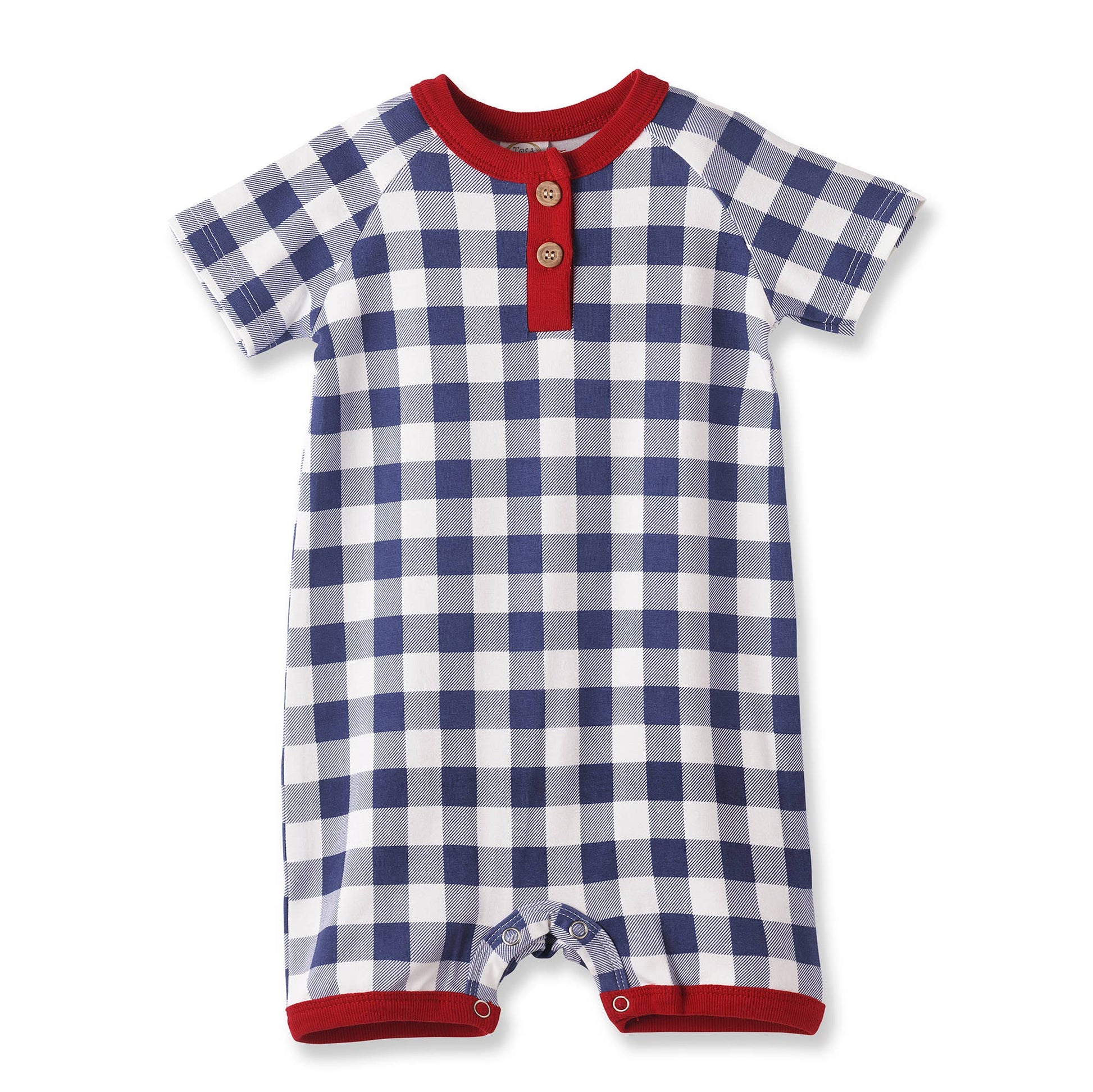 Blue and white checkered baby romper with red trim on a white background