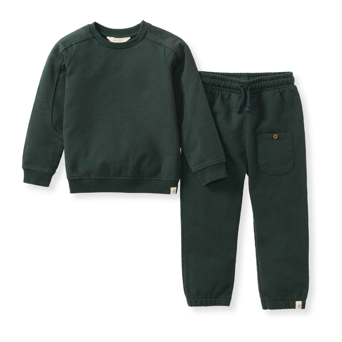 Green sweatshirt and pants set on a white background