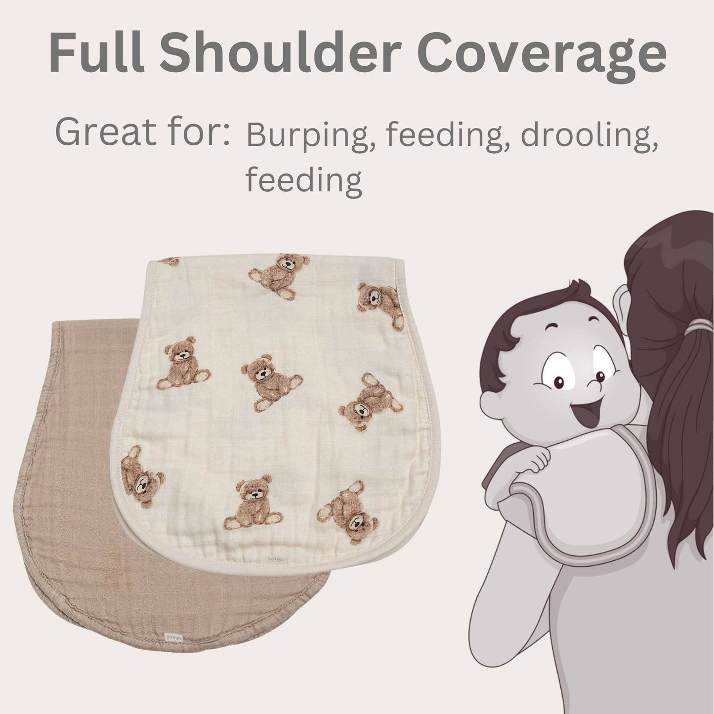 Two baby burp cloths with teddy bear pattern and a cartoon baby being held, on a light beige background.