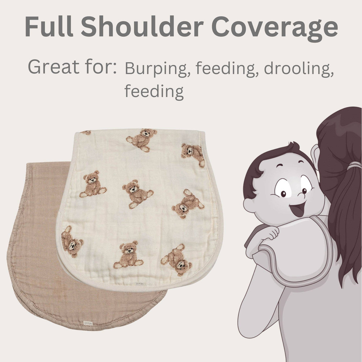 Two baby burp cloths with teddy bear pattern and a cartoon baby being held, on a light beige background.