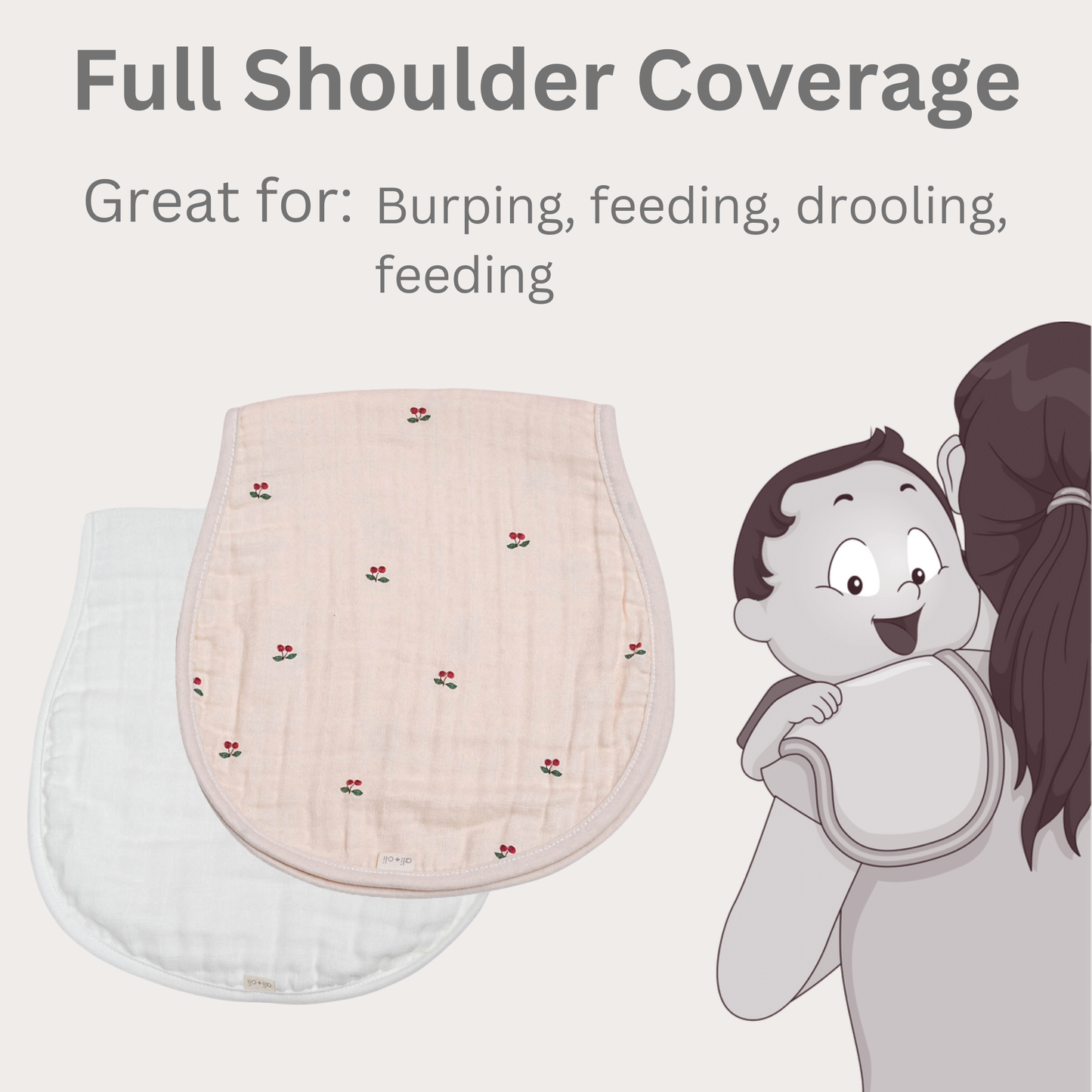 Two baby burp cloths with cherry pattern and cartoon illustration of a baby being held by a woman.