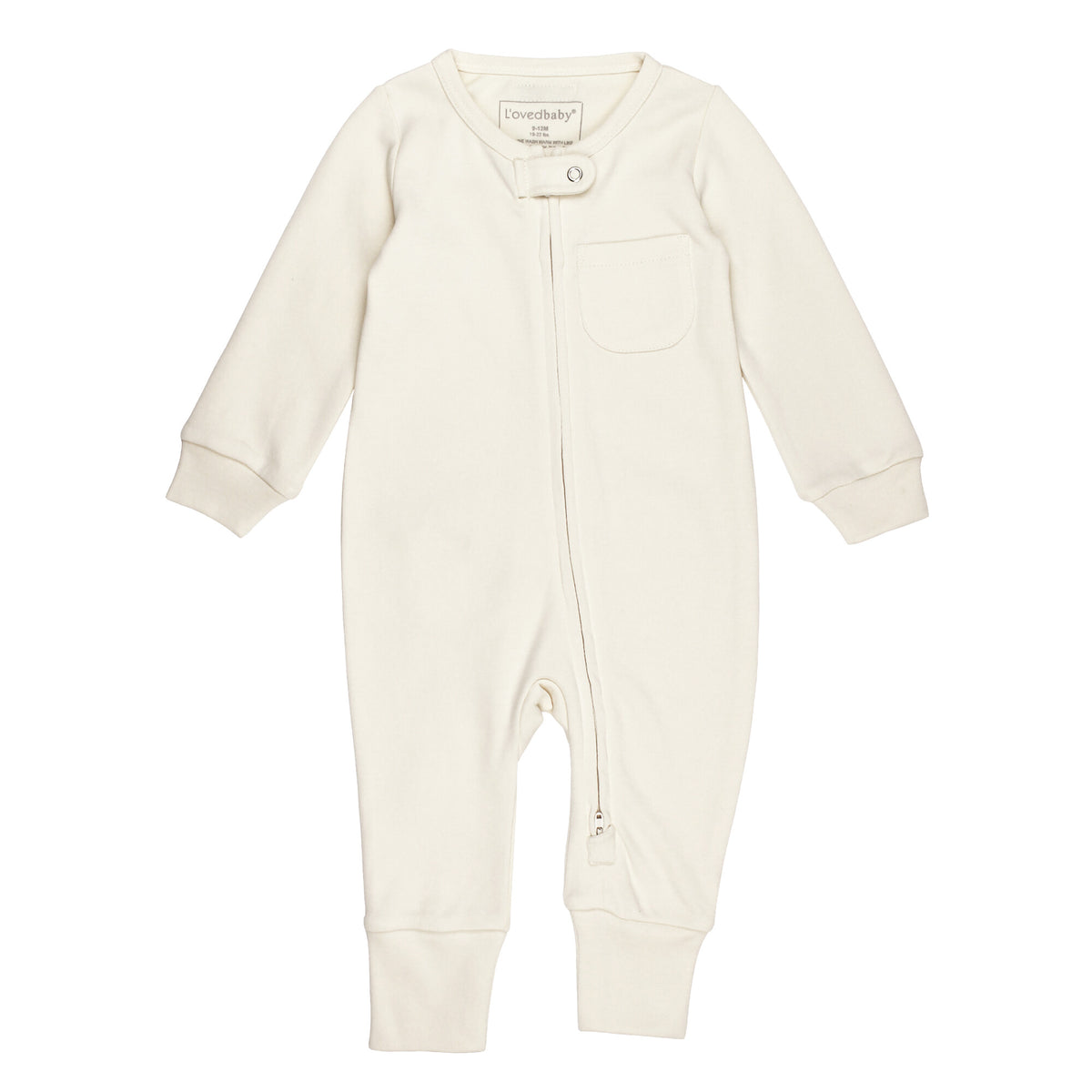 Cream baby footless romper on a white background