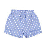 Blue shorts with white polka dots on a white background