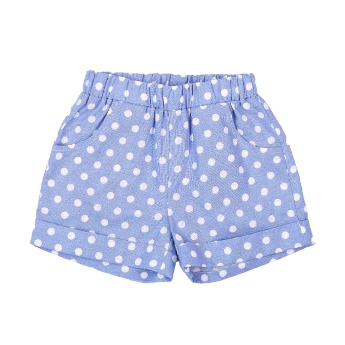 Blue shorts with white polka dots on a white background