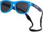 Blue sunglasses with a black strap on a white background