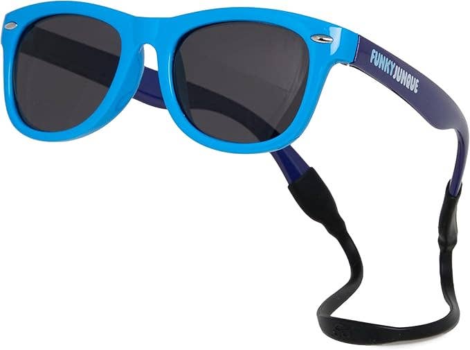 Blue sunglasses with a black strap on a white background